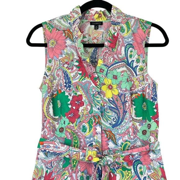 Talbots Flare Floral Multicolor Midi Dress Sz 6 Poplin Retro Pleated Button - Picture 4 of 13